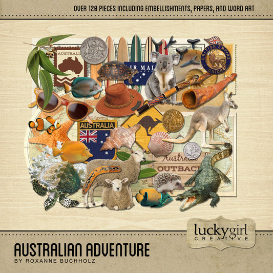 The Australian Adventure Digital Scrapbook Kit is a diverse collection digital art of Australian embellishments, artifacts, and beautiful background papers. If you have been meaning to document your memories from a trip to Australia or are planning a trip there soon, this collection is just what you need!