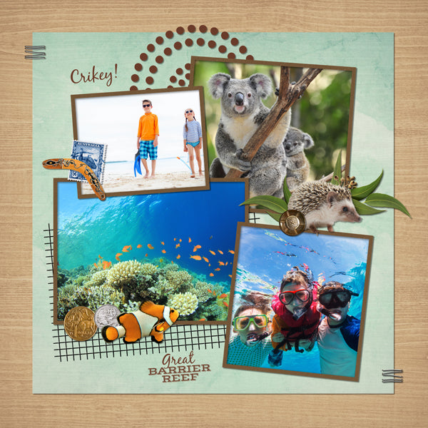 The Australian Adventure Digital Scrapbook Kit is a diverse collection digital art of Australian embellishments, artifacts, and beautiful background papers. If you have been meaning to document your memories from a trip to Australia or are planning a trip there soon, this collection is just what you need!