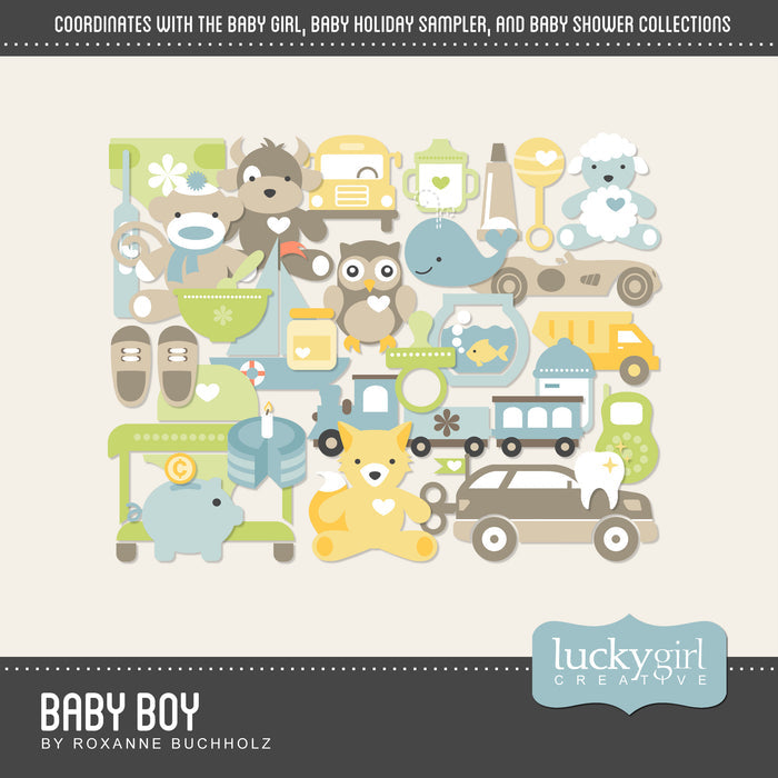 In an identical, modern flat icon style that coordinates well with the other Baby collections, the Baby Boy Digital Scrapbook Kit has 100+ digital art embellishments that will suit every need for the little boys and sons in your life.