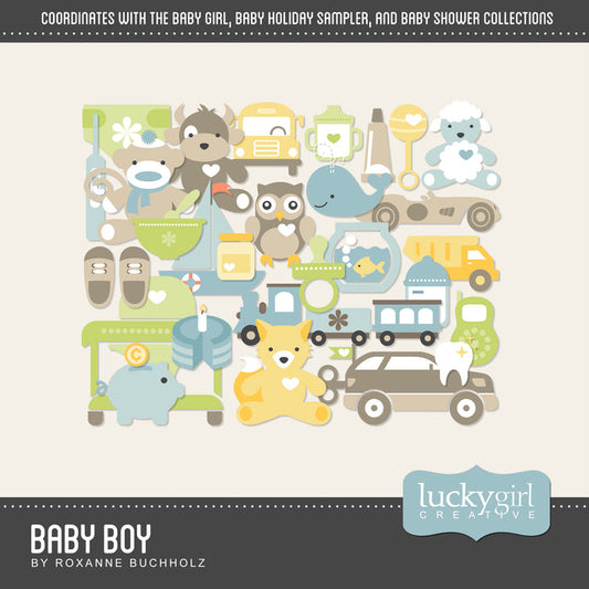 In an identical, modern flat icon style that coordinates well with the other Baby collections, the Baby Boy Digital Scrapbook Kit has 100+ digital art embellishments that will suit every need for the little boys and sons in your life.