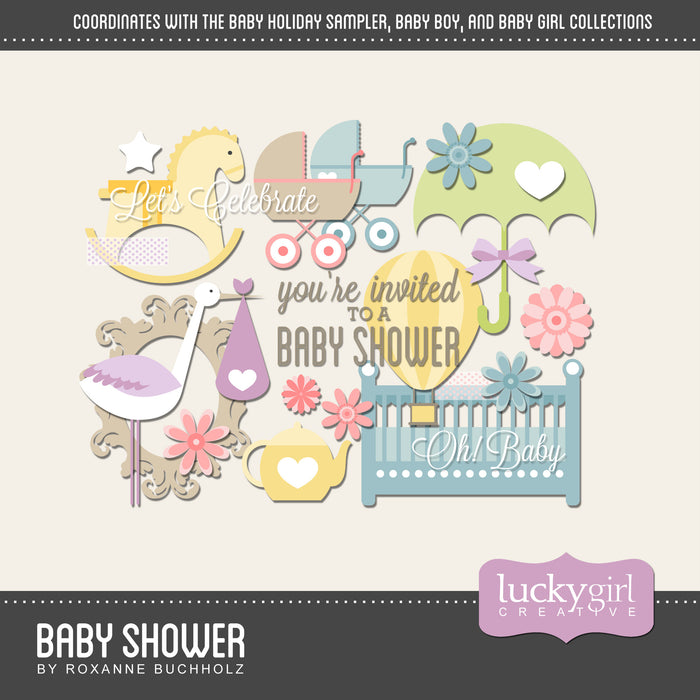 Baby Shower Digital Scrapbook Kit is a fresh and modern set of baby themed digital art elements and word art that would make the perfect addition to any baby scrapbook, baby shower invitations, or baby announcements.