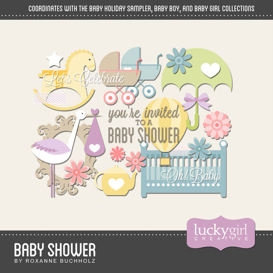 Baby Shower Digital Scrapbook Kit is a fresh and modern set of baby themed digital art elements and word art that would make the perfect addition to any baby scrapbook, baby shower invitations, or baby announcements.