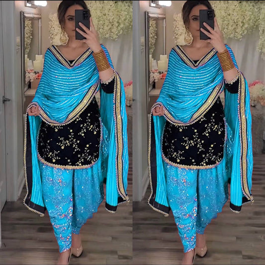 Black and blue New Party Wear Look Top Dhoti Salwar and Dupatta Set