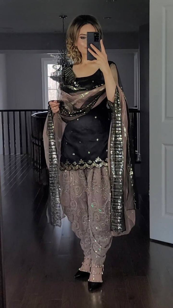Black and Chiku Colour Party Wear Look Top Dhoti and Dupatta Set