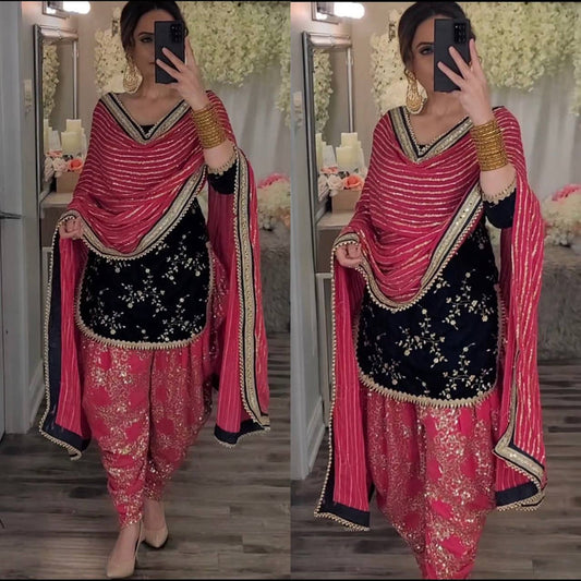 Black and pink New Party Wear Look Top Dhoti Salwar and Dupatta Set