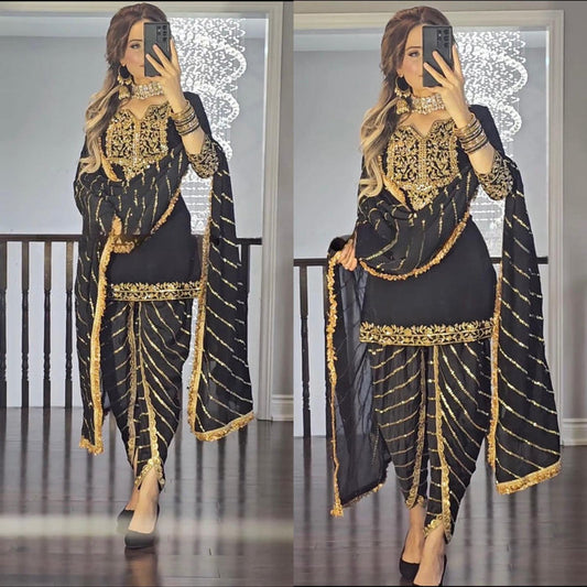 Black New Party Wear Look Top Dhoti Salwar and Dupatta Set
