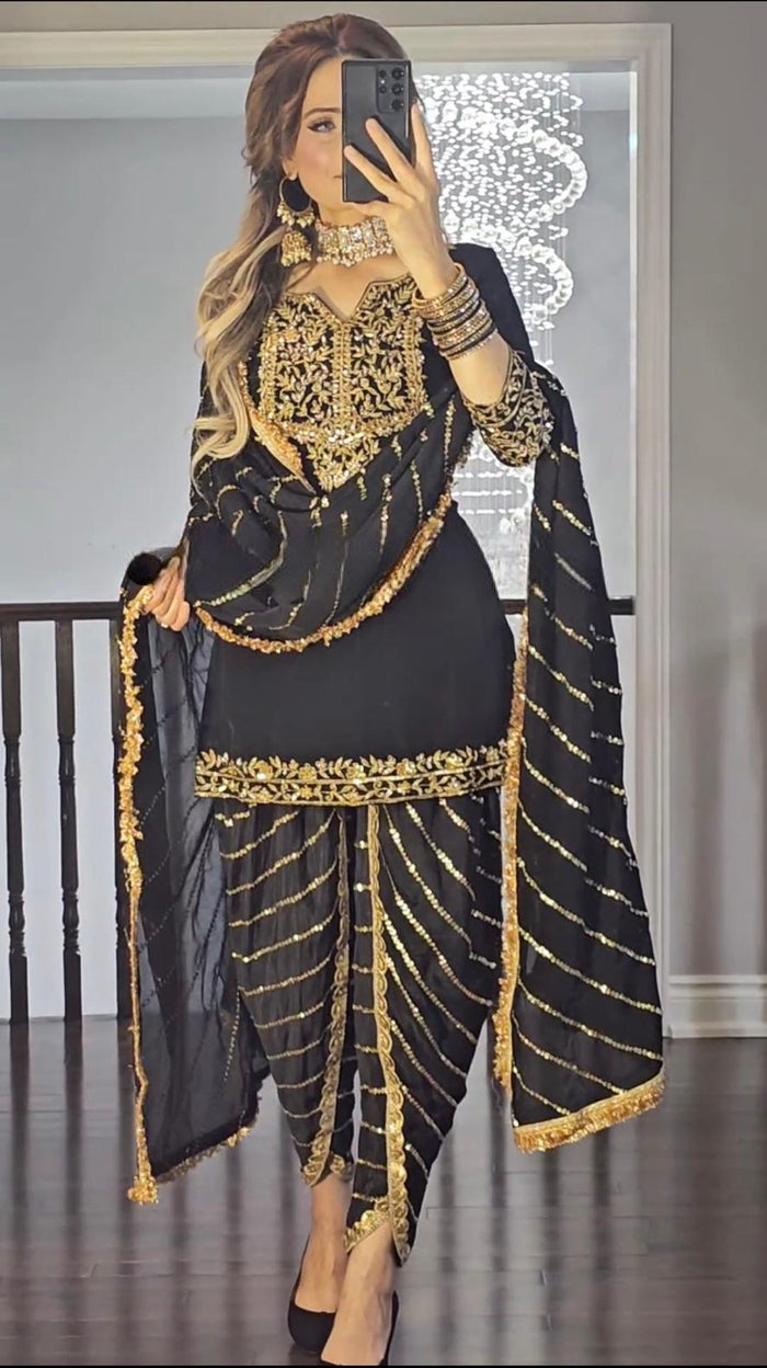 Black New Party Wear Look Top Dhoti Salwar and Dupatta Set