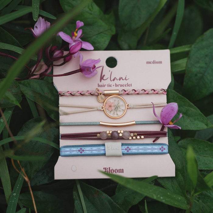 Bloom Maroon & Pink with Pressed Flowers Hair Tie Bracelets