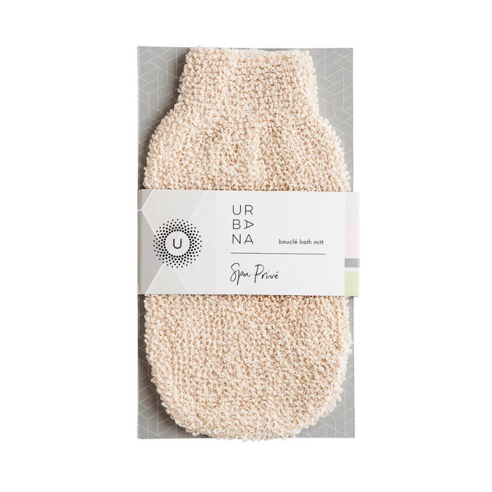 The BOUCLE BATH MITT by EUROPEAN SOAPS, LLC is shown on a patterned gray background, featuring a white label. Ideal for gentle exfoliation, it’s a top pick for natural bath care.