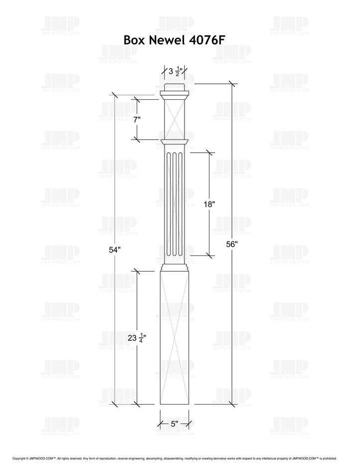 Box Newel 4076F - Fluted With Adjustable Base (5")