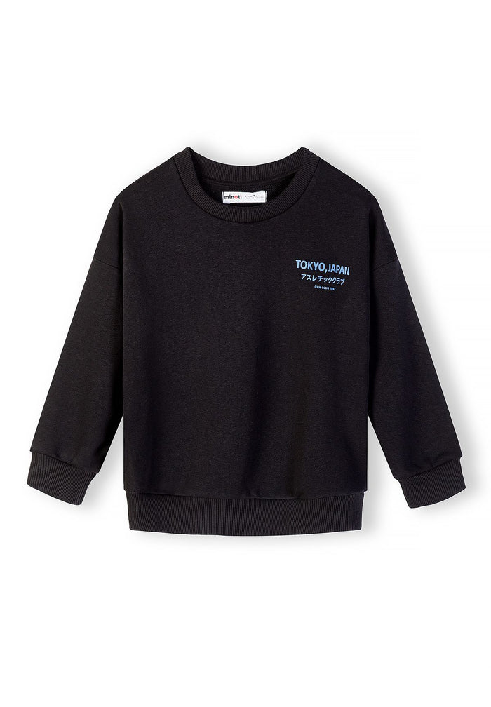 Boys black sweatshirt with crew neck and ribbed cuffs, front view.