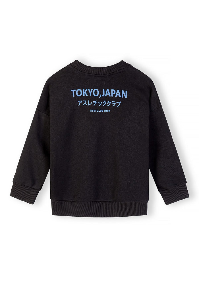 Back view of a black boys' sweatshirt featuring blue text.