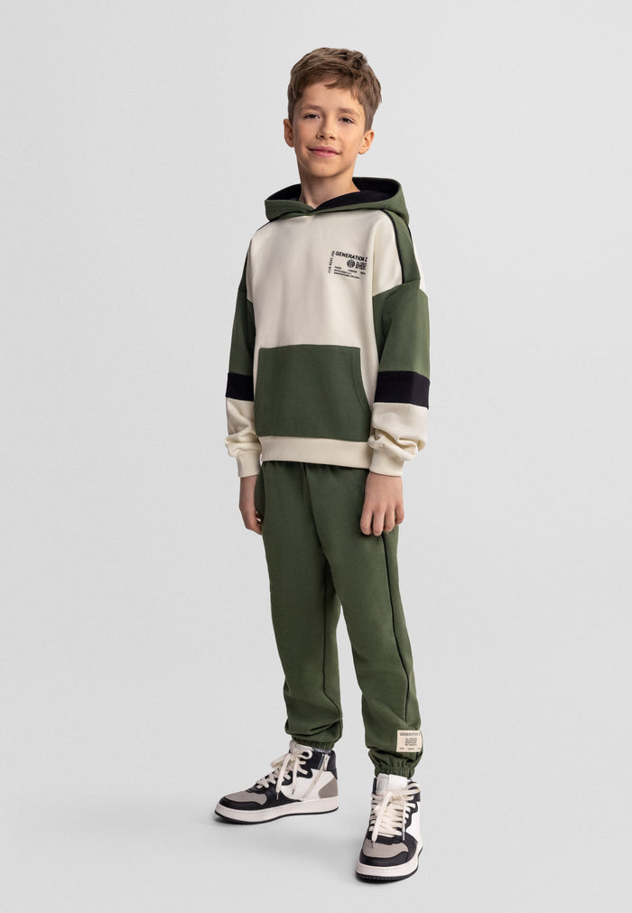 Colour Block Tracksuit Set, Hooded, Khaki - 1
