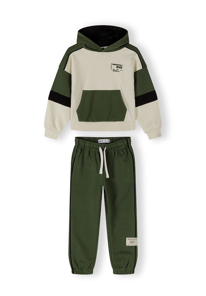 Boys khaki tracksuit with hooded jacket, featuring side pockets and elasticated waistband.