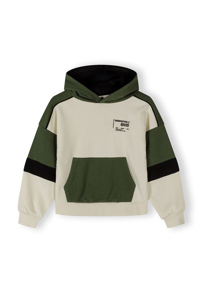 Boys khaki hooded jacket with contrast panels, front view.