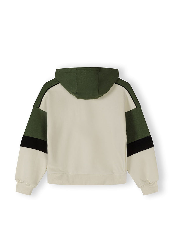 Back view of a boys khaki hooded jacket with contrast panels and ribbed cuffs.