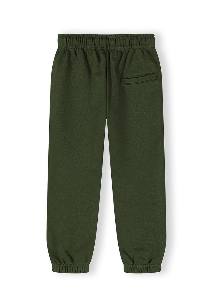 Boys khaki trousers with elasticated waistband and side pocket, back view.
