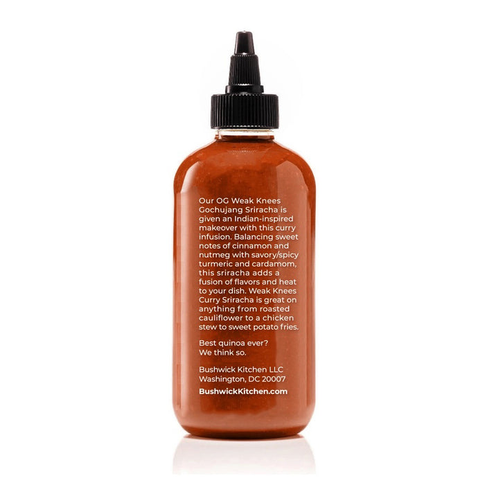 A 10.5 oz (298g) bottle of BUSHWICK KITCHEN 'WEAK KNEES' CURRY SRIRACHA SAUCE with a black twist cap, white front text, and a Gochujang chile paste blend for a unique flavor kick.