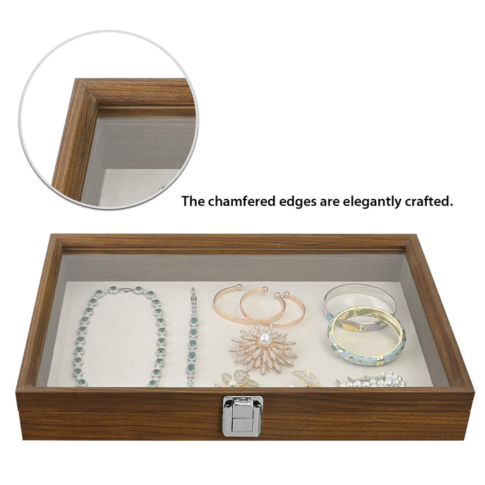 #BW83-1C Jewelry Display Box with beige velvet pad Tempered Glass Hinge Lid