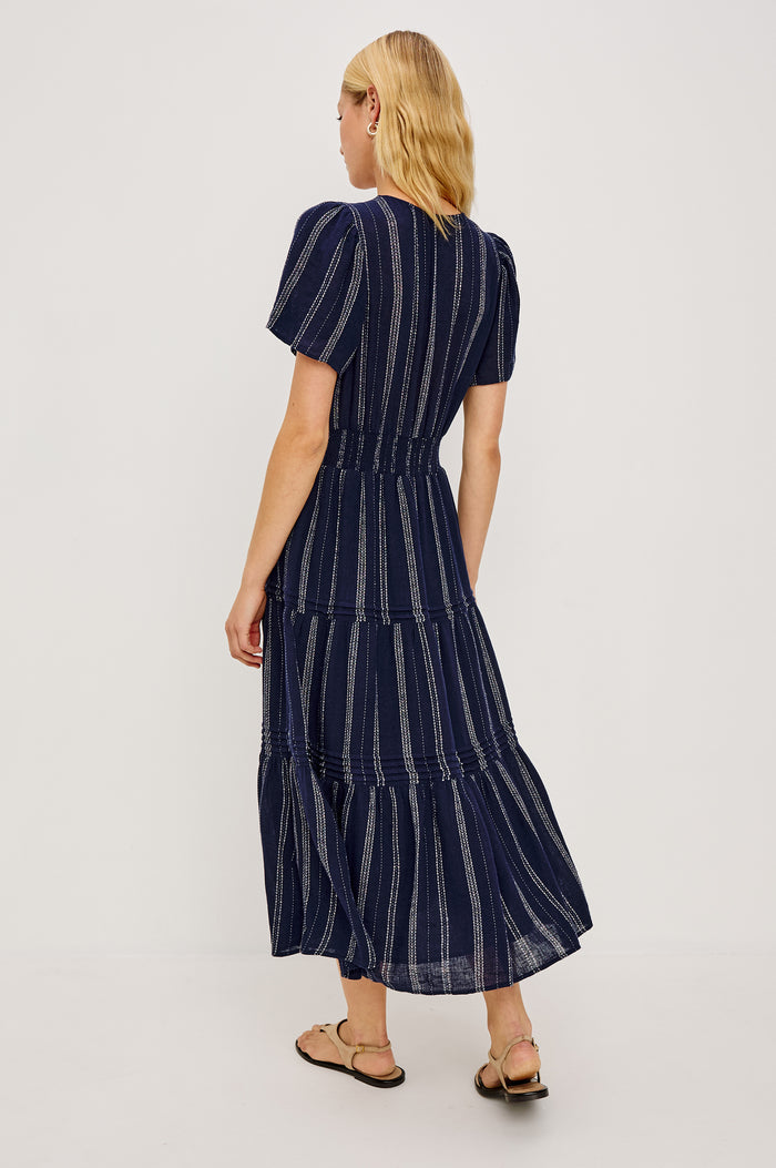 Cannes Midi Dress in Linen With Front Placket Short Sleeves and Smocked Elastic Waist in Marina Stripe Colorway - Full Body Back View Featured on Model