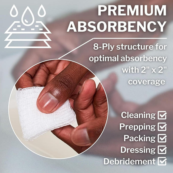 CareStock Gauze Sponge, 2 x 2 in. 8-Ply, Medical-Grade Cotton Wound Dressing