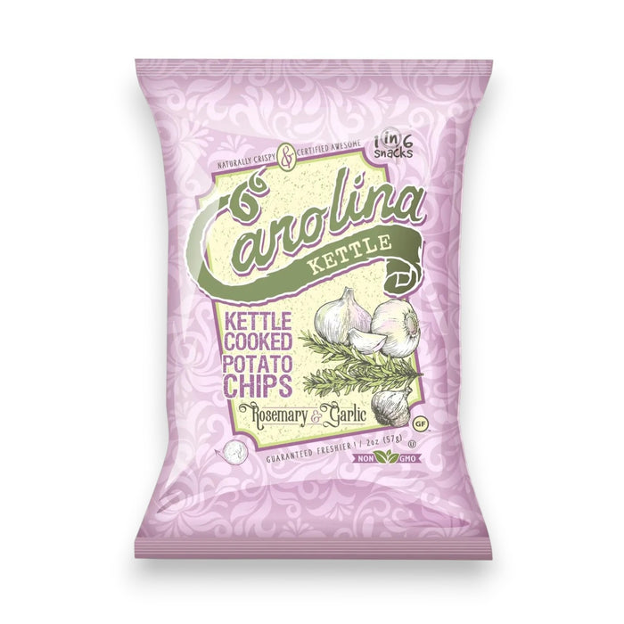 A pink 5oz bag of 1 IN 6 SNACKS CAROLINA KETTLE - ROSEMARY & GARLIC CHIPS features gourmet rosemary garlic flavor, illustrated with garlic and rosemary, plus non-GMO and gluten-free labels on the front.