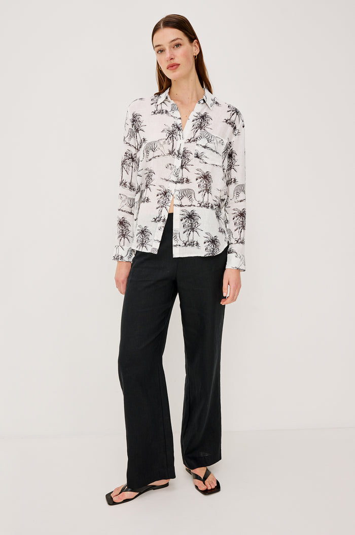 Charli Button-Up Shirt in Eco-Friendly Linen Blend With Collar Long Sleeves Single Chest Patch Pocket in Ivory Bengal Colorway - Full Body Front View Featured on Model