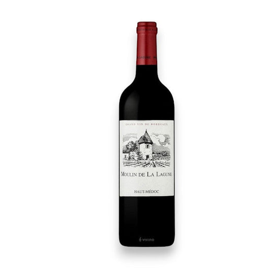 A bottle of CHÁTEAU LA LAGUNE 'MOULIN DE LA LAGUNE' 2016 is adorned with a red foil top and features a label with a windmill, vineyard, "Grand Vin de Bordeaux," and "Haut-Médoc." This WINE: AMERICAN PREMIUM BEVERAGE blend highlights rich Cabernet Sauvignon.