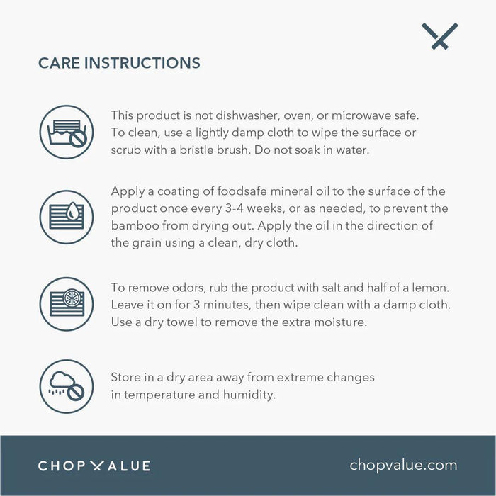 Care instructions infographic for ChopValue products made from recycled chopsticks, including cleaning, oiling, odour removal, and storage tips.