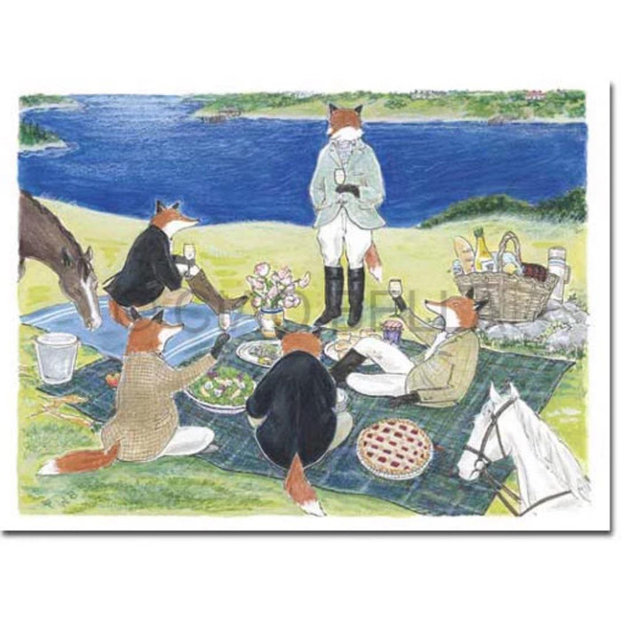 Five foxes in clothing enjoy a lakeside picnic with baskets, food, drinks, and the CIAO BELLA - BON APPETIT CARD by CIAO BELLA on their blanket. Two horses stand nearby on a grassy hill.