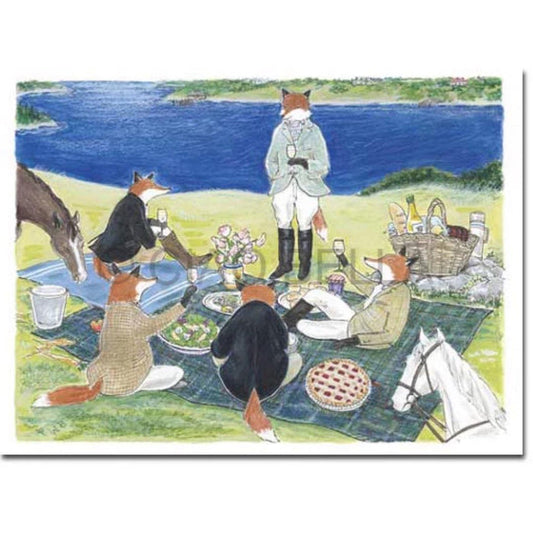 Five foxes in clothing enjoy a lakeside picnic with baskets, food, drinks, and the CIAO BELLA - BON APPETIT CARD by CIAO BELLA on their blanket. Two horses stand nearby on a grassy hill.