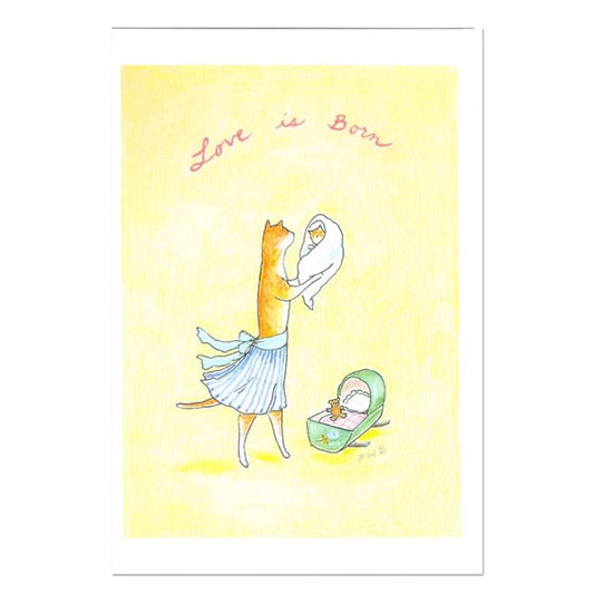 The CIAO BELLA - LOVE IS BORN CARD by CIAO BELLA features a cat in a skirt holding a swaddled kitten, with another sleeping in a green bassinet and "Love is Born" in pink on a yellow background.