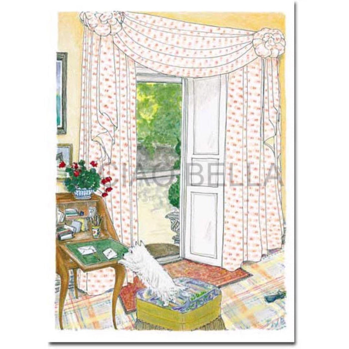 The CIAO BELLA - MY LITTLE MARGIE CARD by CIAO BELLA features a cozy room with a desk, flowers in a vase, pink polka-dot curtains, and a white dog in a suitcase by the door, gazing at the sunny garden.