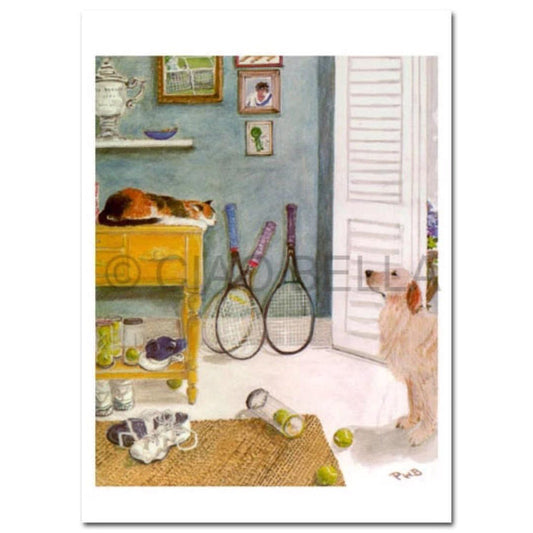 A painting of a cozy room features a cat sleeping on a yellow dresser. Below, there is tennis gear, shoes, and an envelope with the "CIAO BELLA - WILLOWMERE CARD" from CIAO BELLA. Three tennis rackets lean against the wall while a dog stands by the open door, looking in. The wall displays framed photos and shelves adorned with decor, illuminated by light streaming through the door.