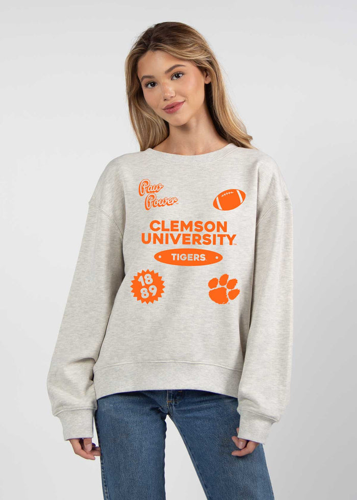 Clemson Tigers Women's Ash-Grey Relaxed Heavyweight Fleece Sweatshirt with Dropped shoulders, crew neckline, back center seam and ribbed neckline, cuffs and hem