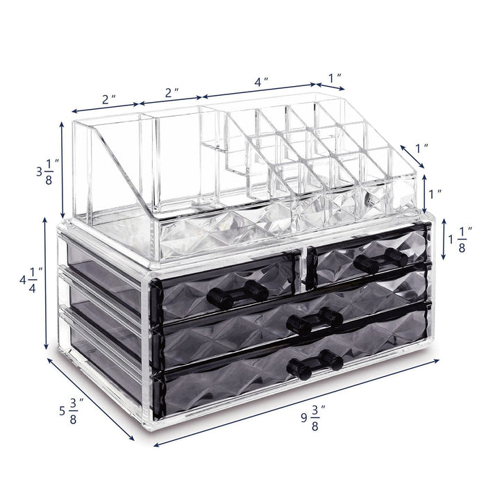 #COMS4497BK Jewelry and Makeup Organizer Two Pieces Set, Clear Diamond Pattern