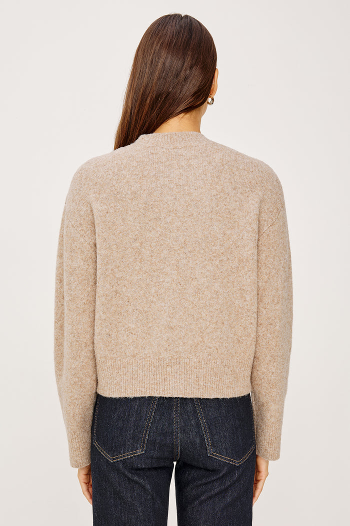 Coralee Cardigan in Alpaca Knit With Soutache Rosette Front Detailing, a Crew Neckline, Front Buttons, Ribbed Trim, and Long Sleeves in Sand Colorway - Upper Body Back View Featured on Model