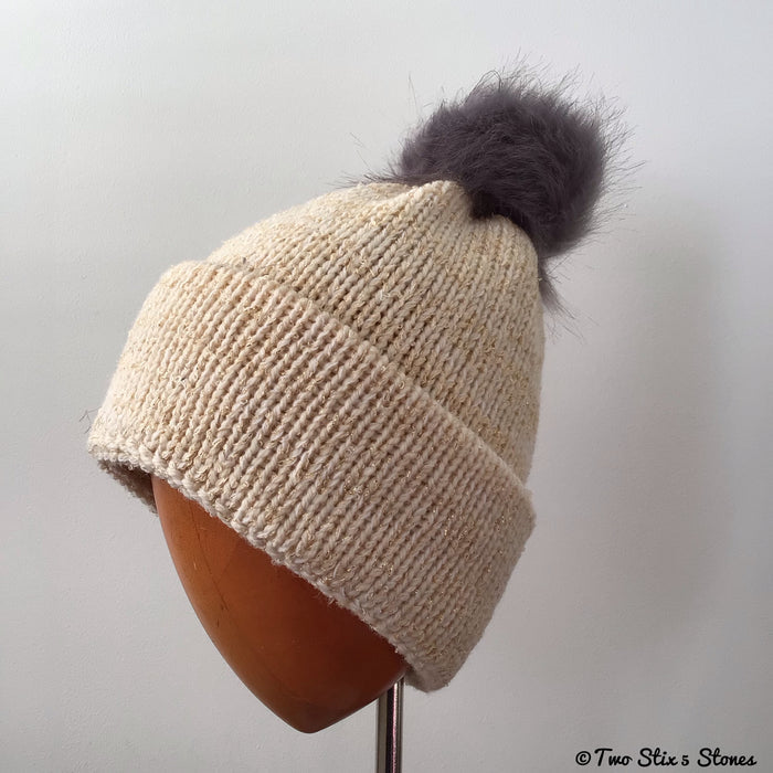 Cream & Metallic Tweed Beanie/Slouchy Beanie w/Faux Fur Pom Pom