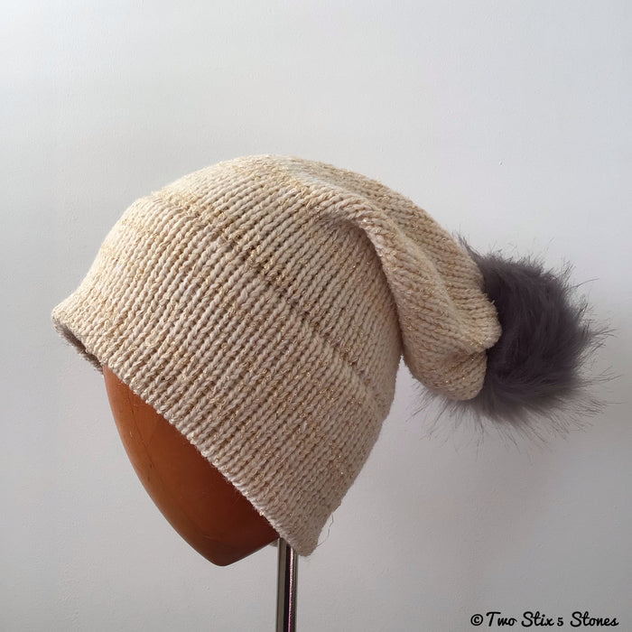 Cream & Metallic Tweed Beanie/Slouchy Beanie w/Faux Fur Pom Pom