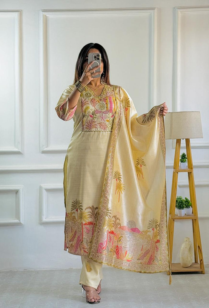 Cream Silk Suit with Tropical Embroidered and handwork Dupatta