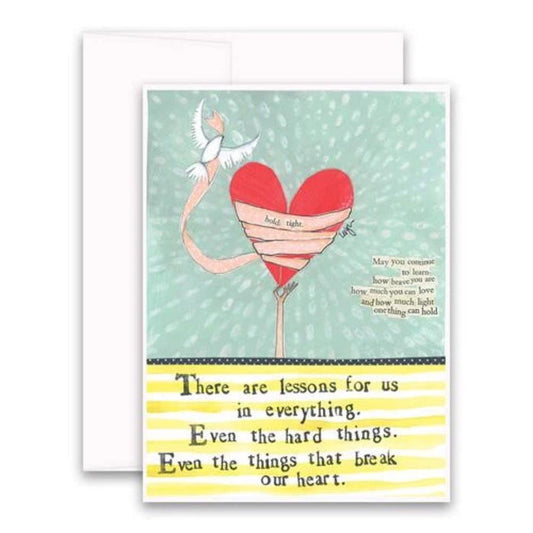 The CURLY GIRL DESIGNS - LIFE'S TOO SHORT CARD by CURLY GIRL DESIGN, INC features collage art of a bird wrapping a heart-shaped balloon in a bandage with the message: "Hold tight. May you know how brave you are and that light can shine even in hard times.