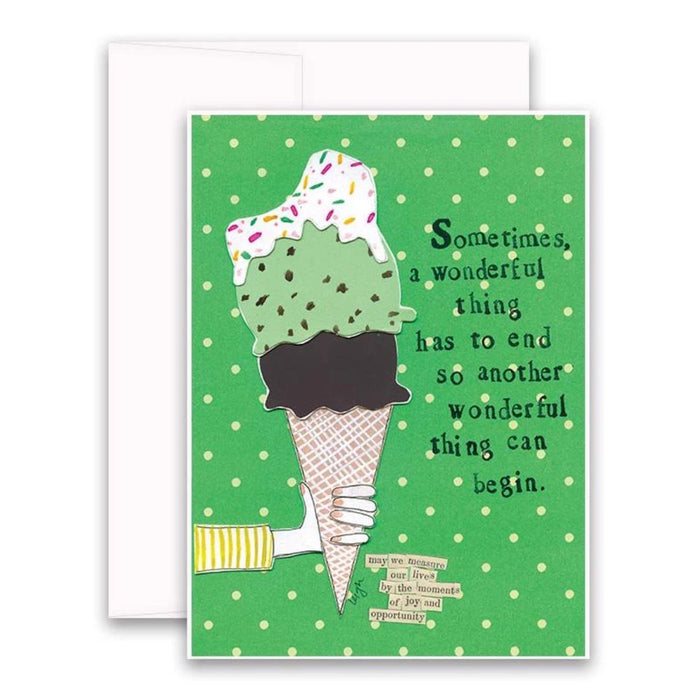 The CURLY GIRL DESIGNS - WONDERFUL THINGS CARD by CURLY GIRL DESIGN, INC features a green design with collage art of an ice cream cone.