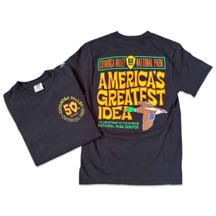Cuyahoga Valley National Park 50th Anniversary black T-shirt with America’s Greatest Idea mallard duck graphic