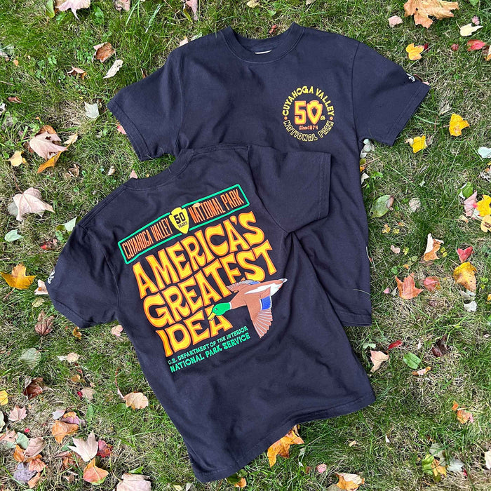 Cuyahoga Valley National Park 50th Anniversary black T-shirt with America’s Greatest Idea mallard duck graphic