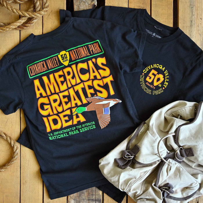 Cuyahoga Valley National Park 50th Anniversary black T-shirt with America’s Greatest Idea mallard duck graphic