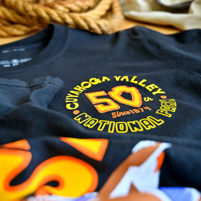 CVNP 50th Anniversary black unisex T-shirt with Cuyahoga Valley National Park chest graphic