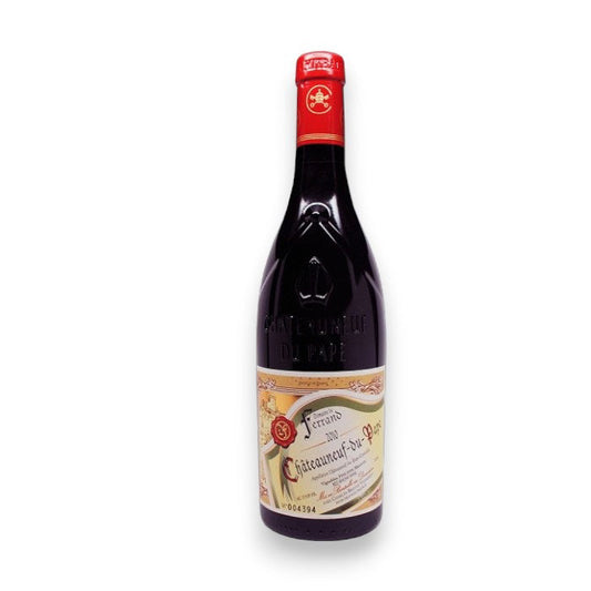 A 2022 red wine bottle labeled "Domaine de Ferrand Châteauneuf-du-Pape," with a red foil capsule and decorative elements, stands elegantly against a white backdrop. Brand: Wine: Bordeaux Fine & Rare/A-Vin-Garde.
