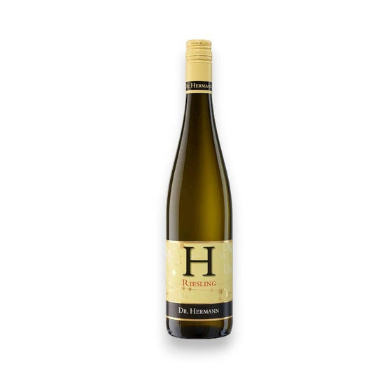 The DR. HERMANN 'H' RIESLING 2023 by Winebow features a light amber glass bottle. The label showcases a large "H" with "Riesling" below it and is capped with a black top reading "Dr. Hermann." This German Mosel wine is presented on a plain white backdrop.