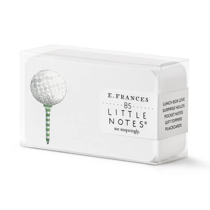 A clear plastic box from E. FRANCES PAPER holds 85 GOLF TEE LITTLE NOTES—small white notecards, each with a golf ball on a green-striped tee and the label: “use unsparingly.” A perfect gift for any golf fan.