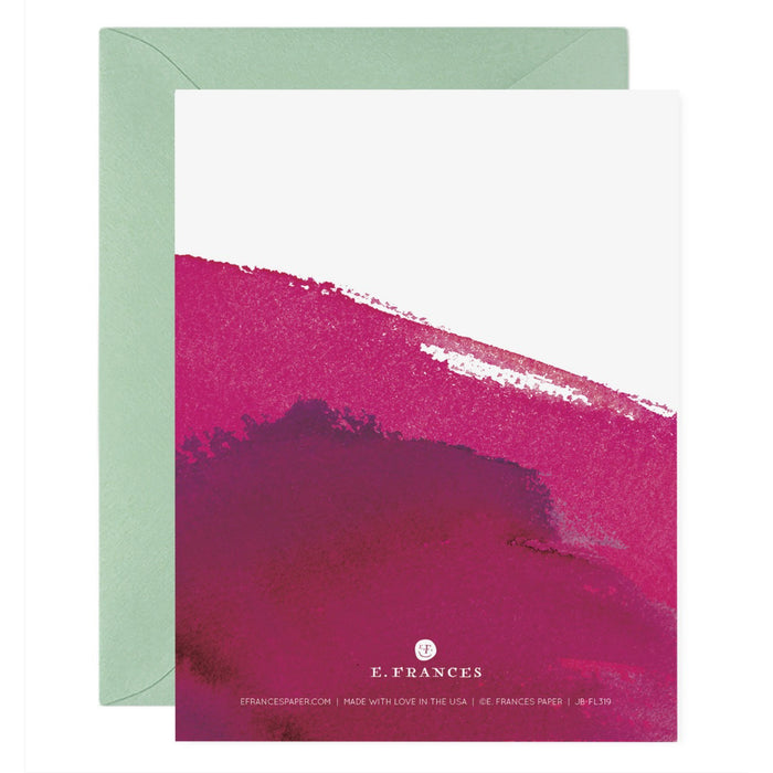 The E. FRANCES PAPER - DRINK WINE CARD by E. FRANCES PAPER features a minimalist watercolor of a green wine bottle, cork, and gold text "LET'S DRINK SOME WINE." It's printed on heavyweight paper and comes with a light green envelope.